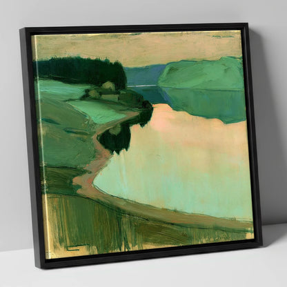 Still Lake at Peach Dawn lake district lake canvas wall art in black frame
