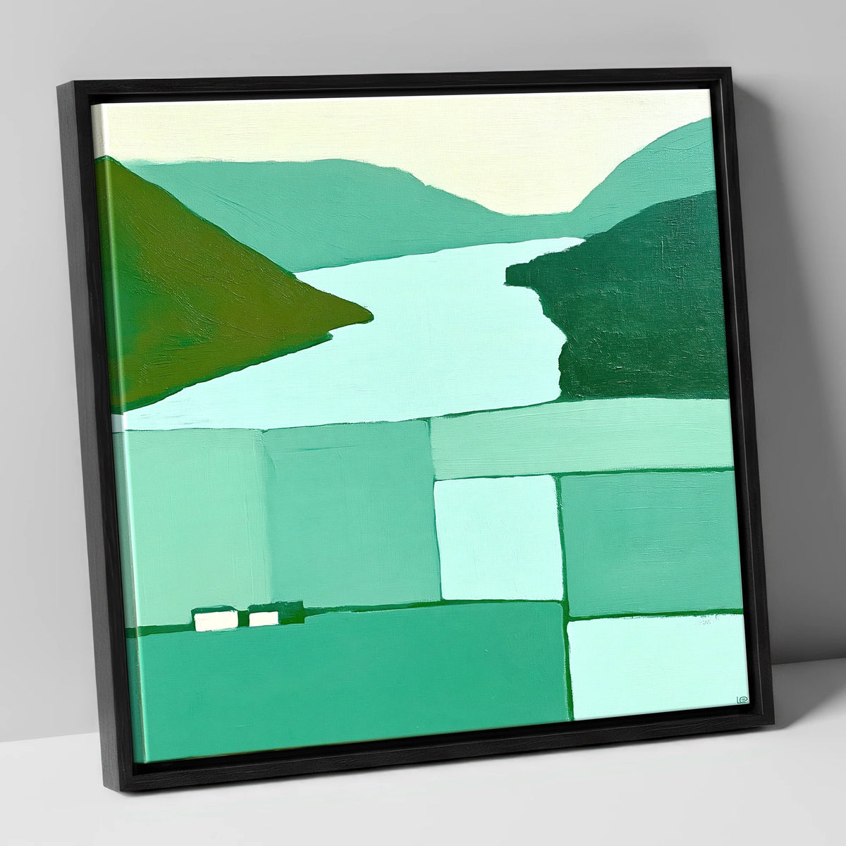 Abstract Loweswater In Mint Green lake district lake canvas wall art in black frame
