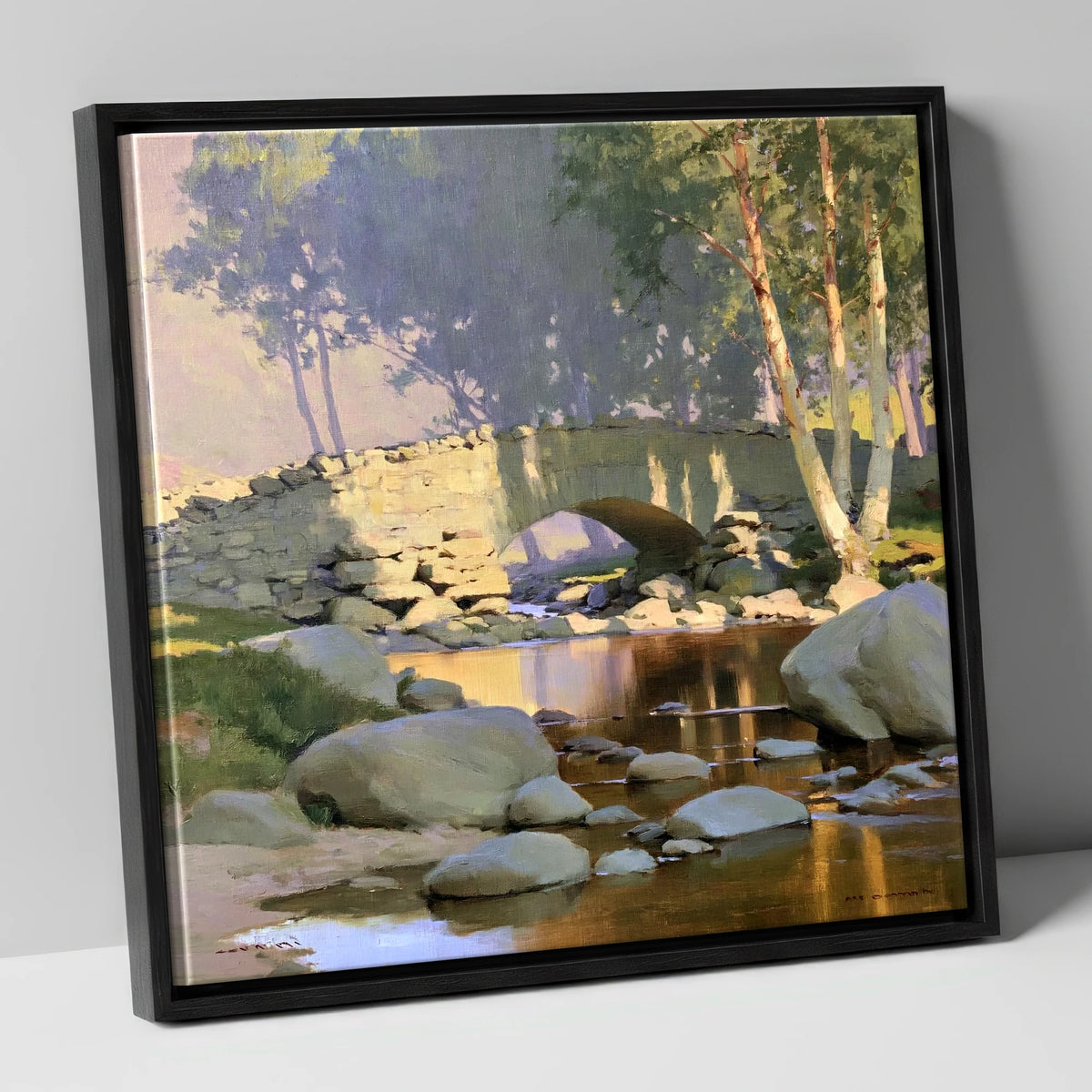 Sunlit Arched Bridge Over Beck lake district waterfall canvas wall art in black frame