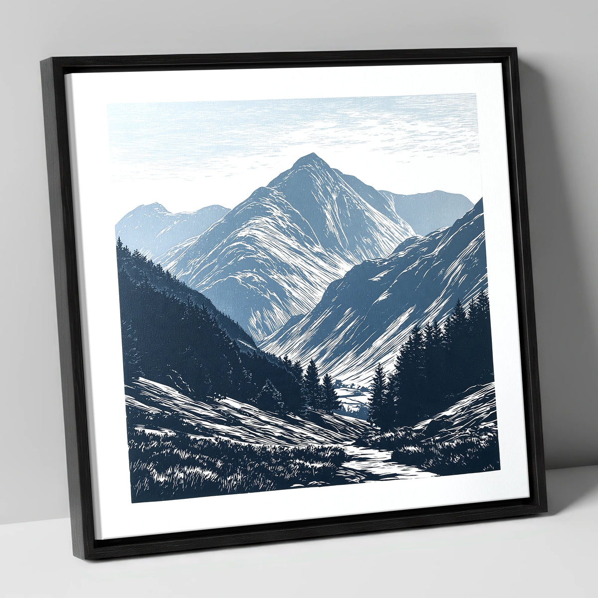 Bowfell Peak in Slate Blue lake district fell canvas wall art in black frame