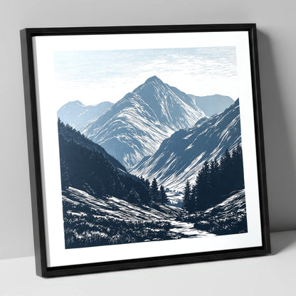 Bowfell Peak in Slate Blue lake district fell canvas wall art in black frame