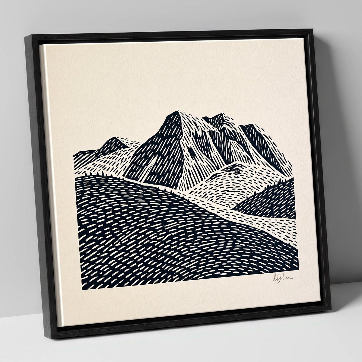 Bold Monochrome Bowfell Peaks lake district fell canvas wall art in black frame