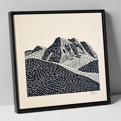 Bold Monochrome Bowfell Peaks lake district fell canvas wall art in black frame