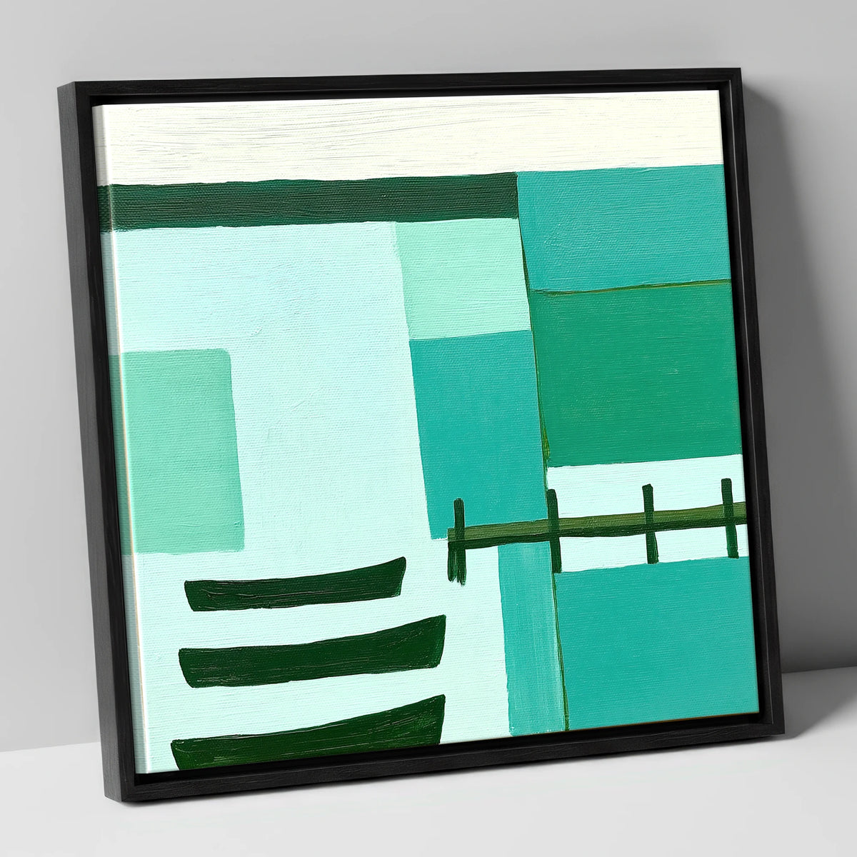 Abstract Teal Windermere Boats lake district lake canvas wall art in black frame