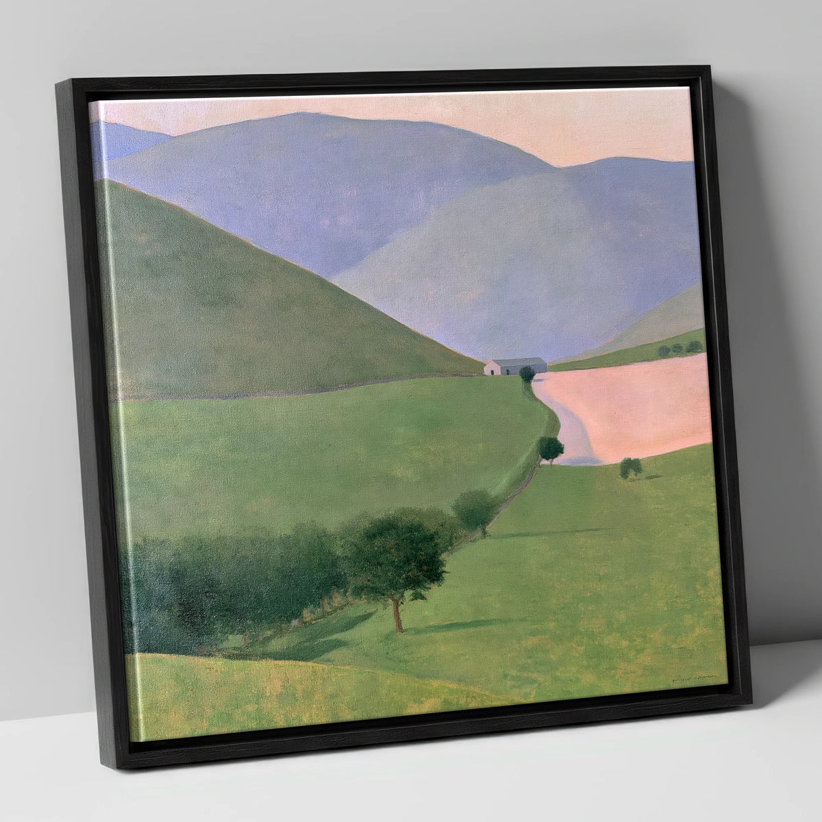 Lavender Fells Above Green Valley lake district valley canvas wall art in black frame