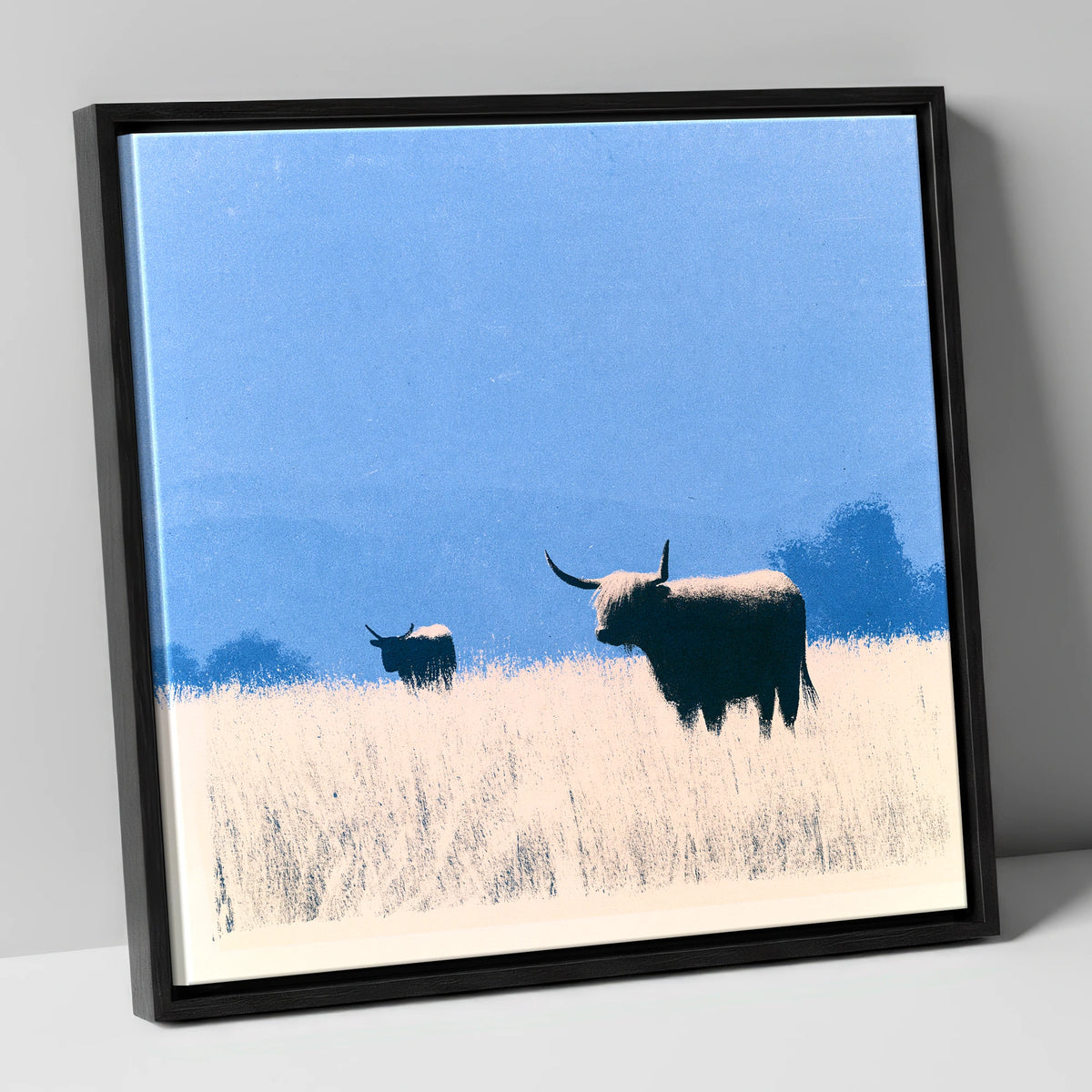Highland Cattle Beneath Blue Skies lake district wildlife canvas wall art in black frame