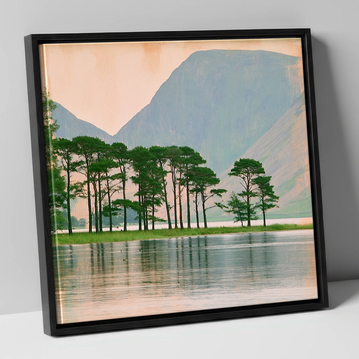 Buttermere Pines in Still Water lake district lake canvas wall art in black frame