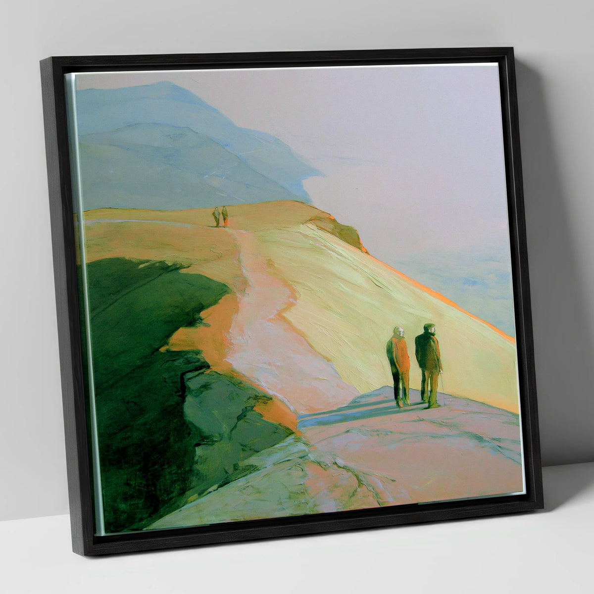 Hikers on a Golden Fell lake district fell canvas wall art in black frame