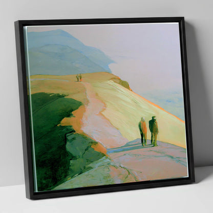 Hikers on a Golden Fell lake district fell canvas wall art in black frame