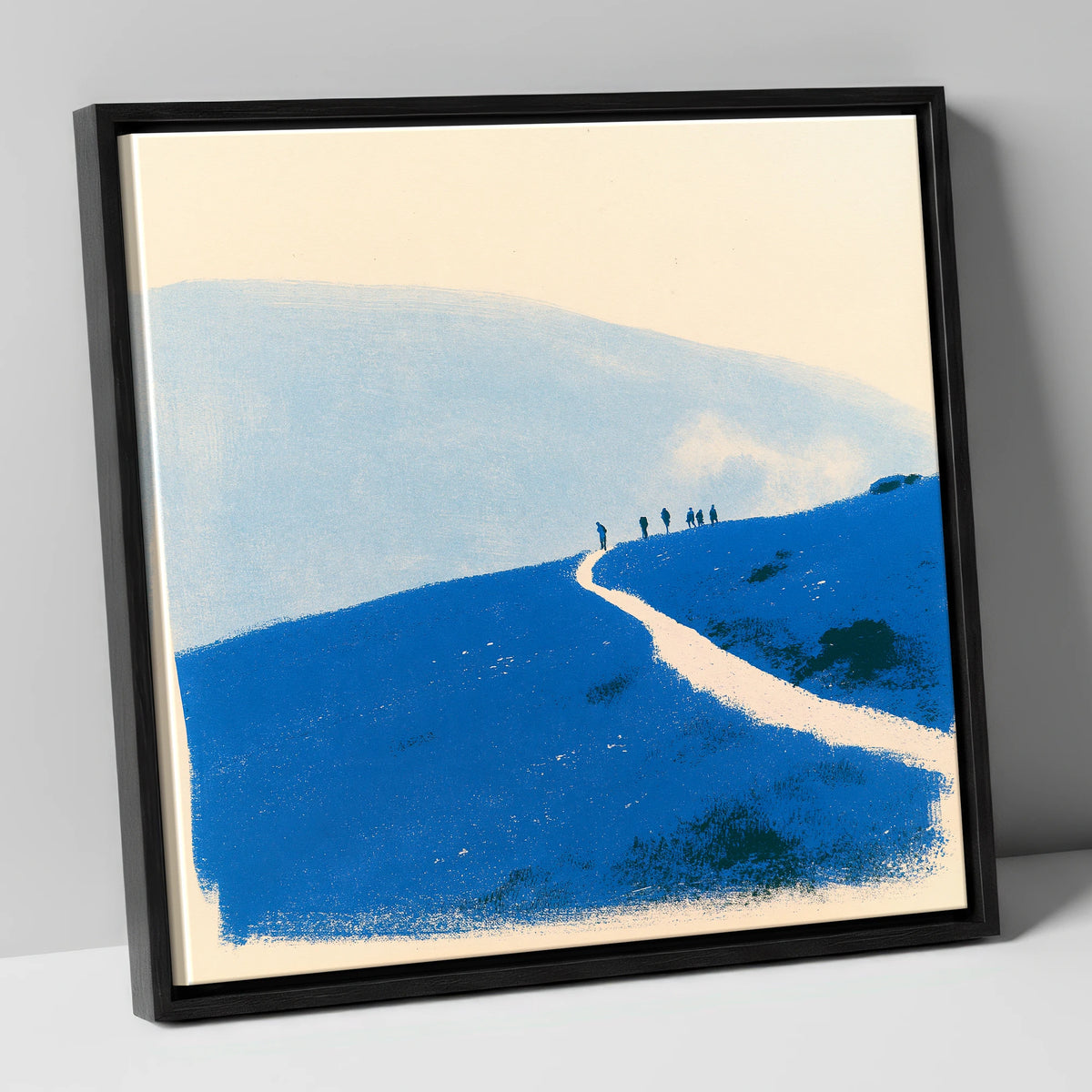 Walkers on a Blue Mountain Path lake district walking canvas wall art in black frame