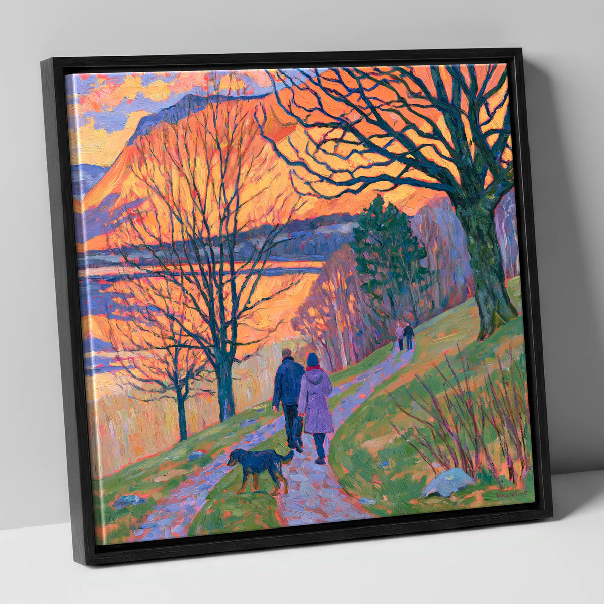 Vibrant Sunset Dog Walk Keswick gifts for dog walkers canvas wall art in black frame