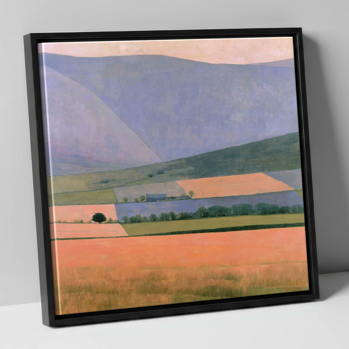Lavender Fells Over Dale Fields lake district valley canvas wall art in black frame