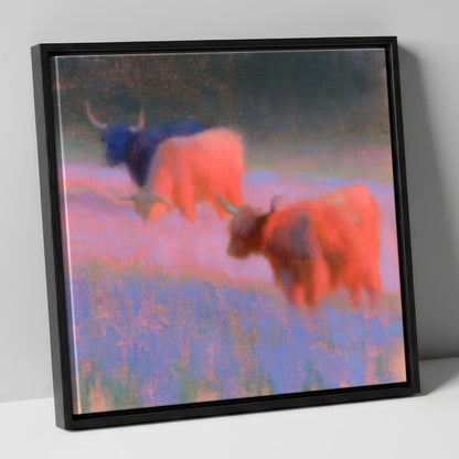 Luminous Highland Cattle Grazing lake district wildlife canvas wall art in black frame