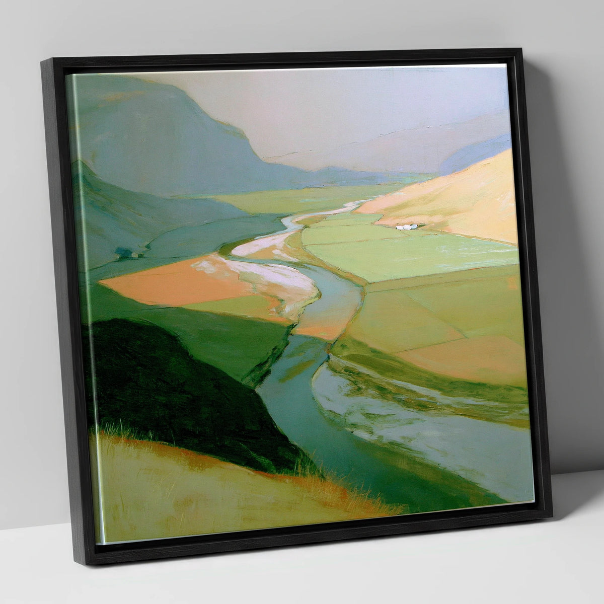 Winding River Through Sage Fells lake district waterfall canvas wall art in black frame