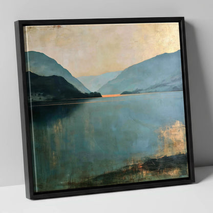 Ullswater Fells in Teal and Gold lake district lake canvas wall art in black frame