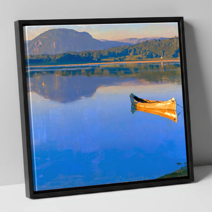 Sunlit Canoe on Lake Windermere lake district lake canvas wall art in black frame