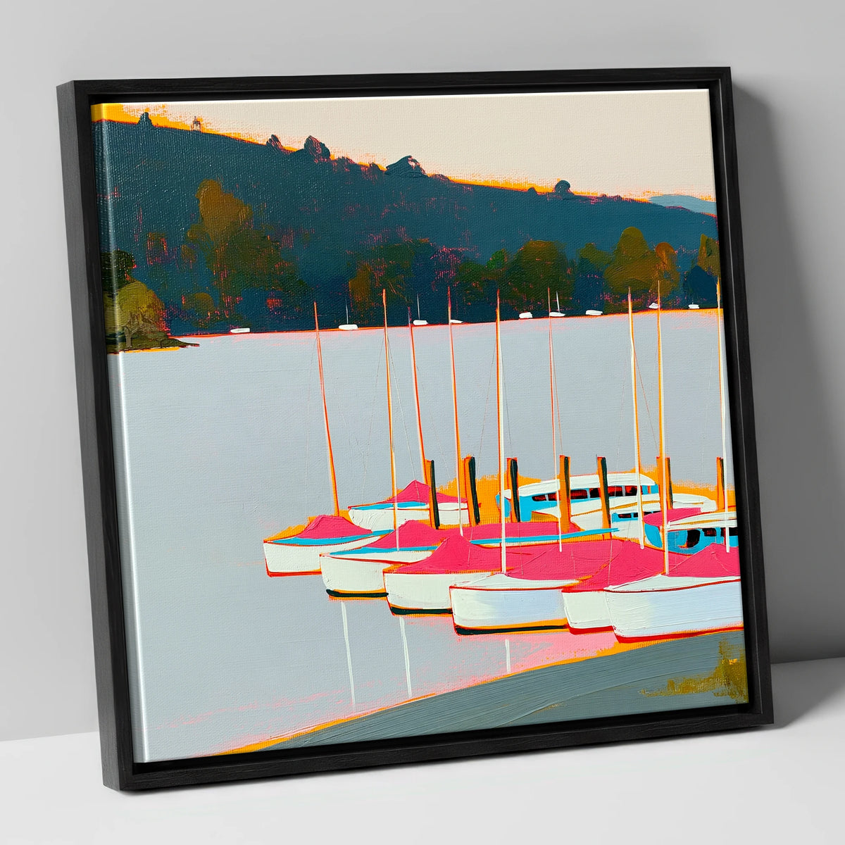 Vibrant Pink Boats on Windermere lake district lake canvas wall art in black frame