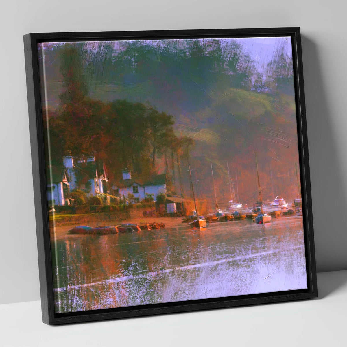Autumn Light on Bowness Bay lake district village canvas wall art in black frame