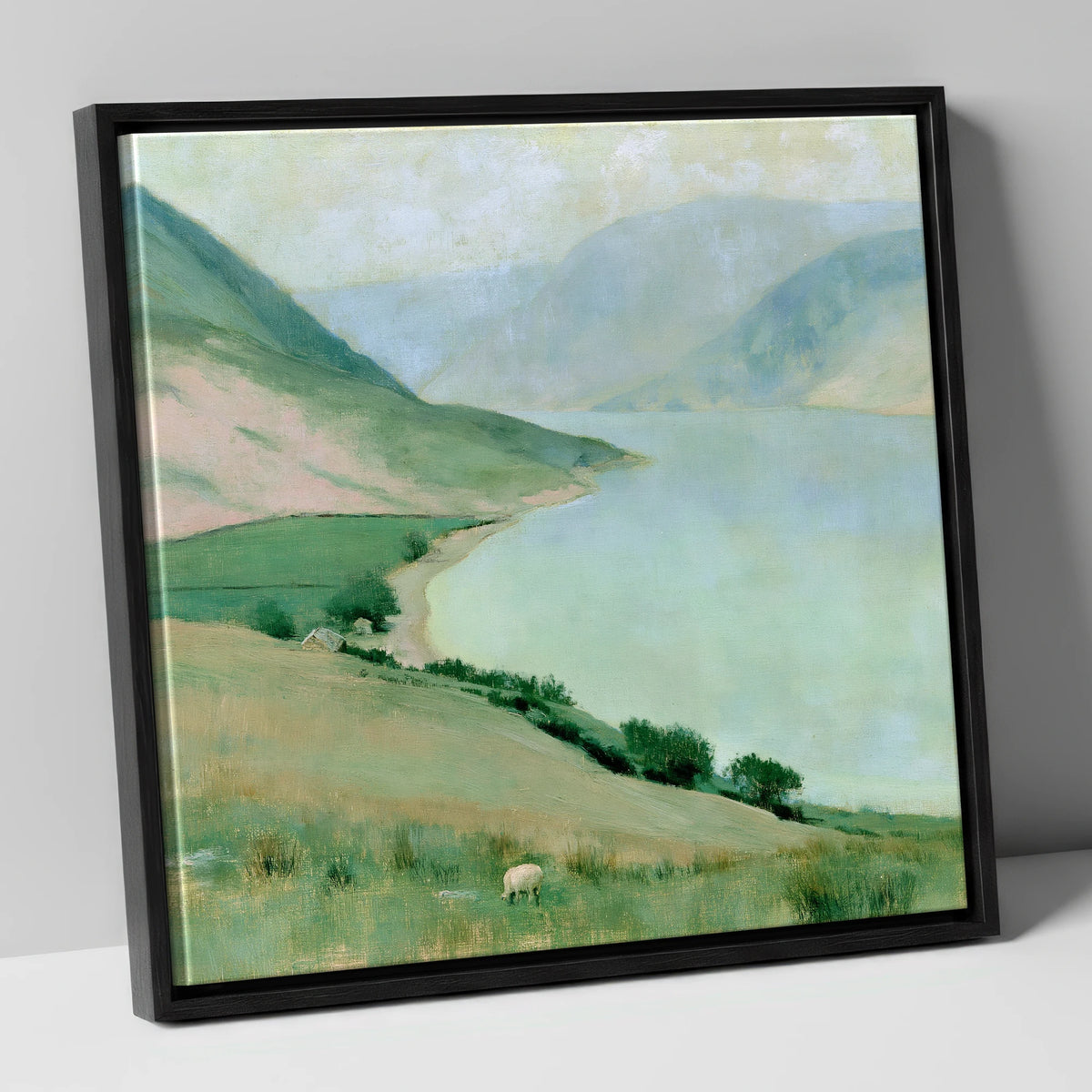 Pastel Haze over Ennerdale Water lake district valley canvas wall art in black frame