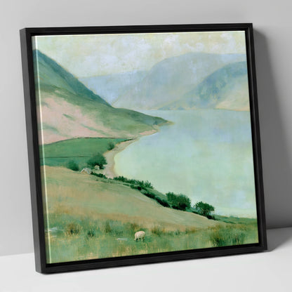 Pastel Haze over Ennerdale Water lake district valley canvas wall art in black frame
