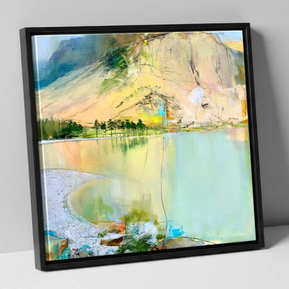 Curving Pebble Shore at Buttermere lake district lake canvas wall art in black frame