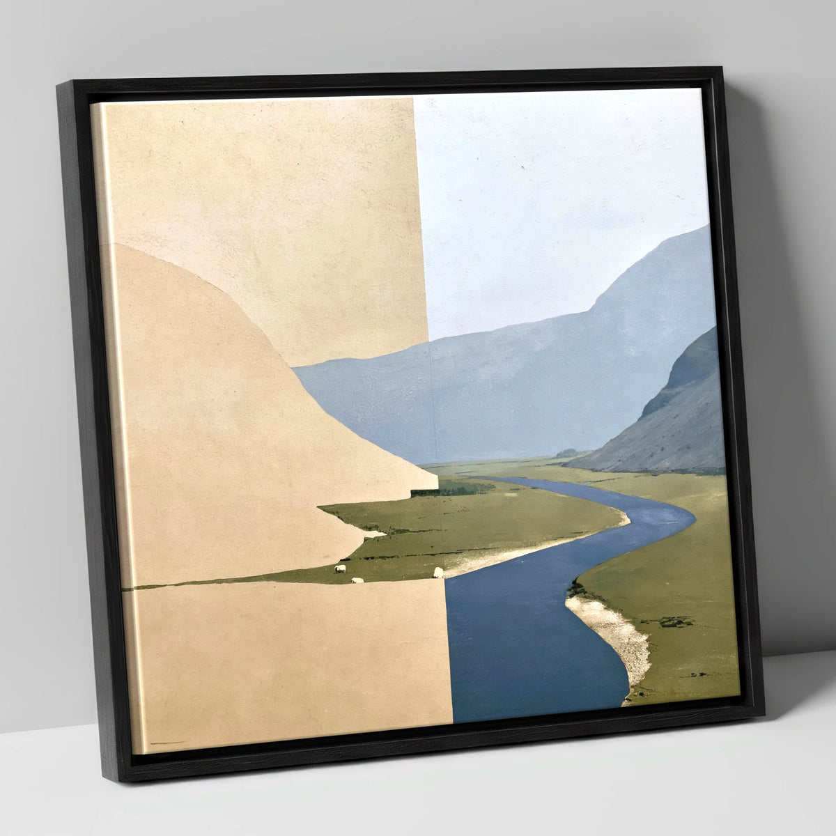 Meandering River through Ochre Valley Fells lake district valley canvas wall art in black frame