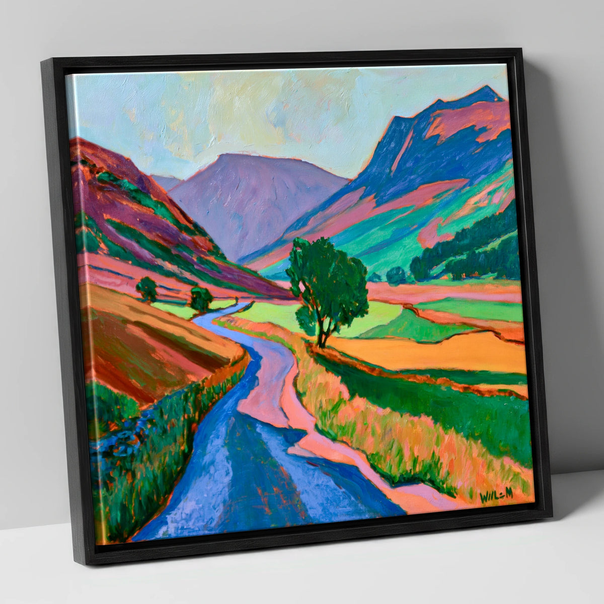 Winding Road Through Vibrant Fells lake district valley canvas wall art in black frame