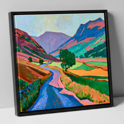 Winding Road Through Vibrant Fells lake district valley canvas wall art in black frame