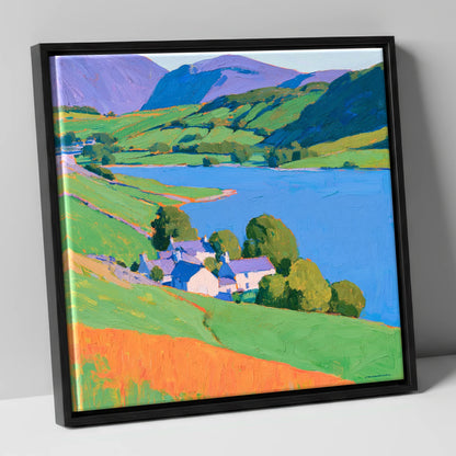 Vibrant Lakeside Village Scene lake district village canvas wall art in black frame