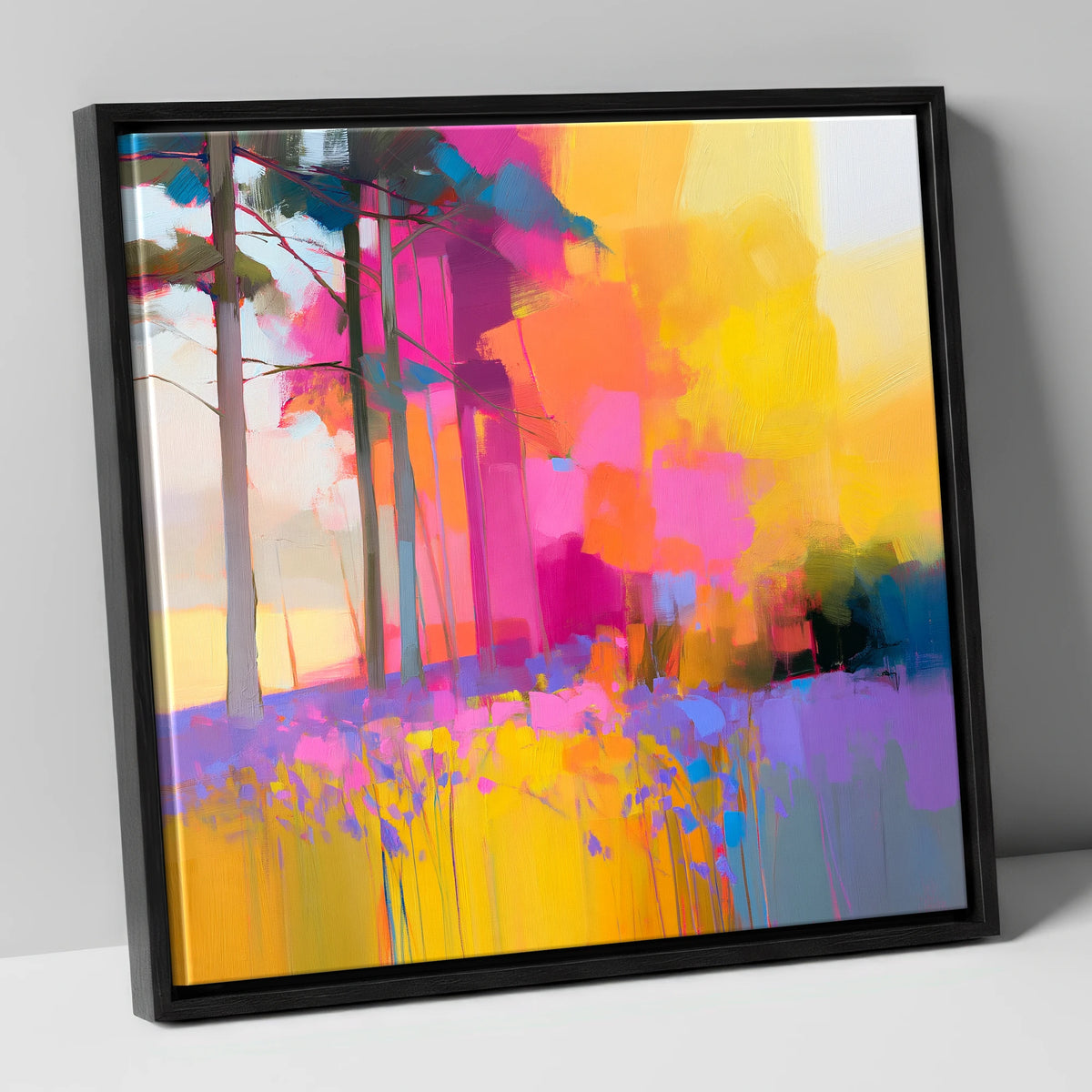 Vivid Bluebell Woods lake district wildflower canvas wall art in black frame