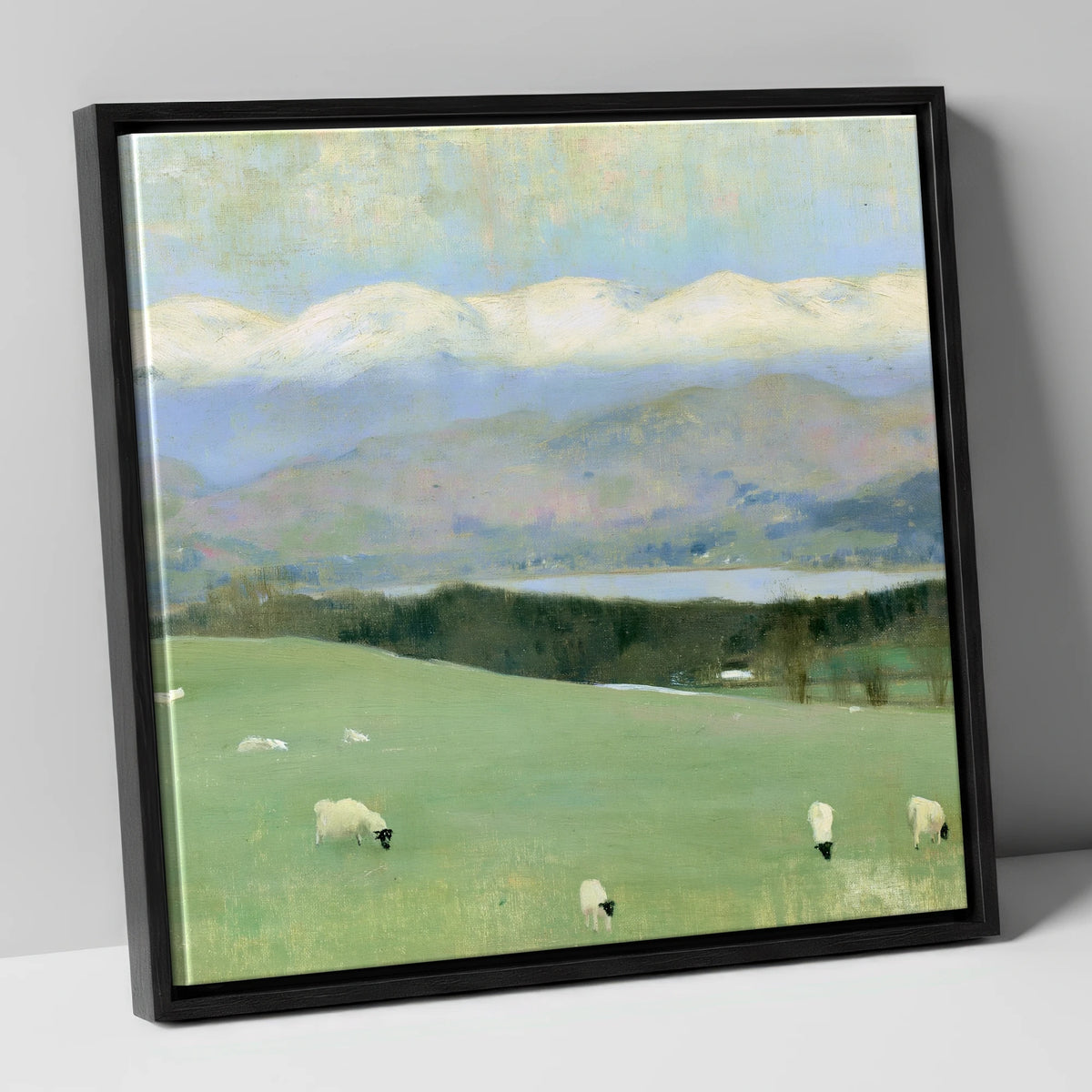 Hawkshead Pastures and Snow-Capped Fells lake district village canvas wall art in black frame