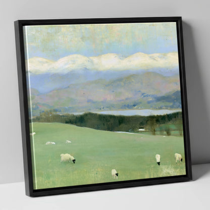 Hawkshead Pastures and Snow-Capped Fells lake district village canvas wall art in black frame