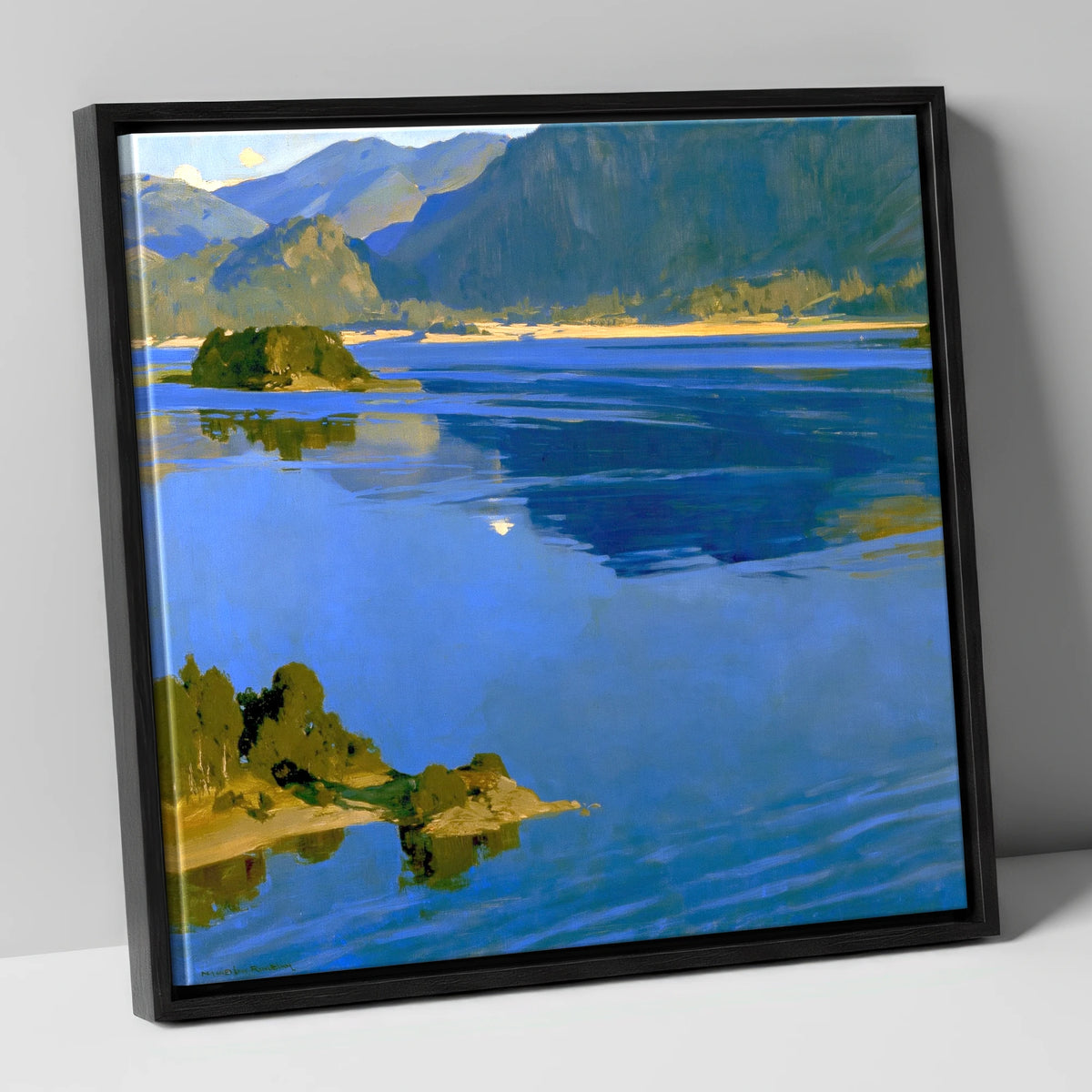 Deep Blue Derwentwater and Catbells lake district lake canvas wall art in black frame