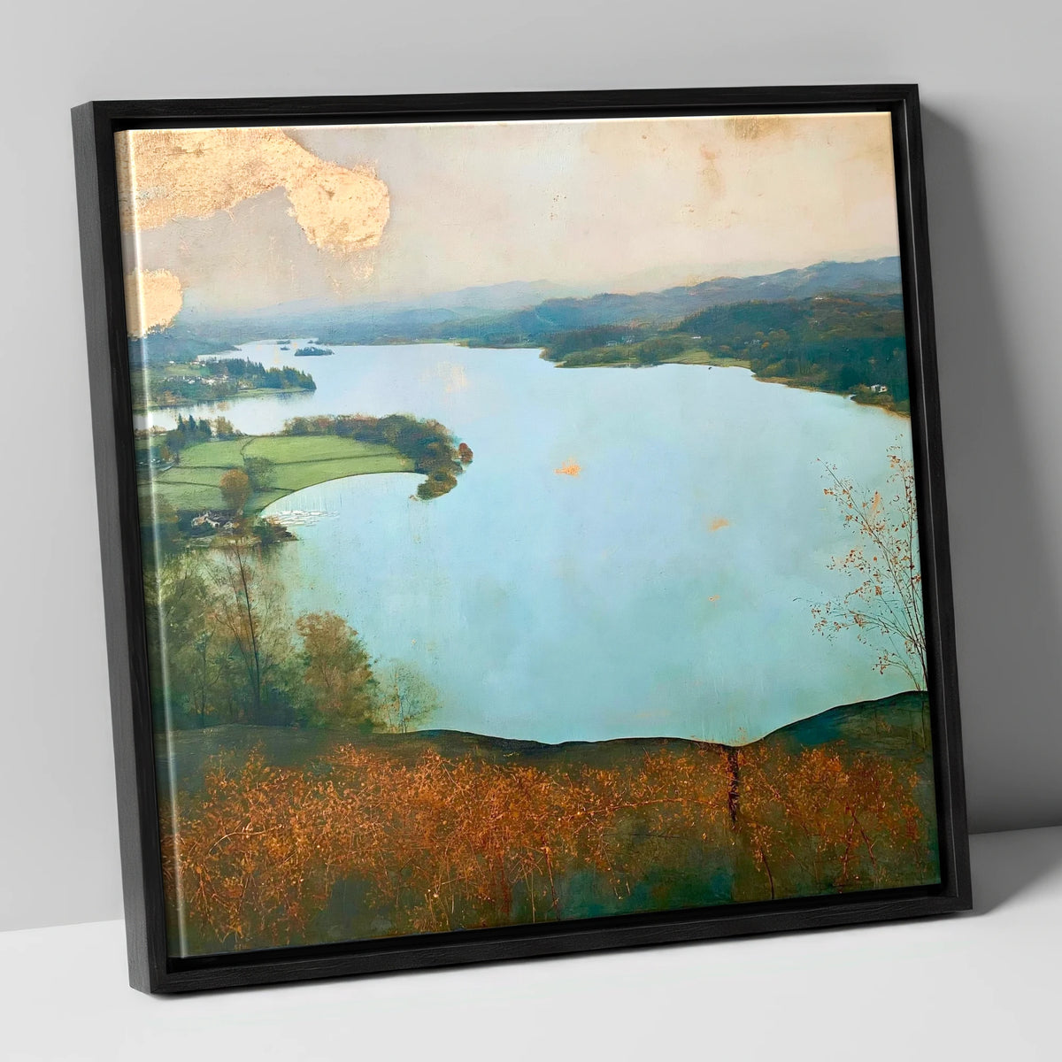 Windermere Over Autumn Bracken lake district lake canvas wall art in black frame