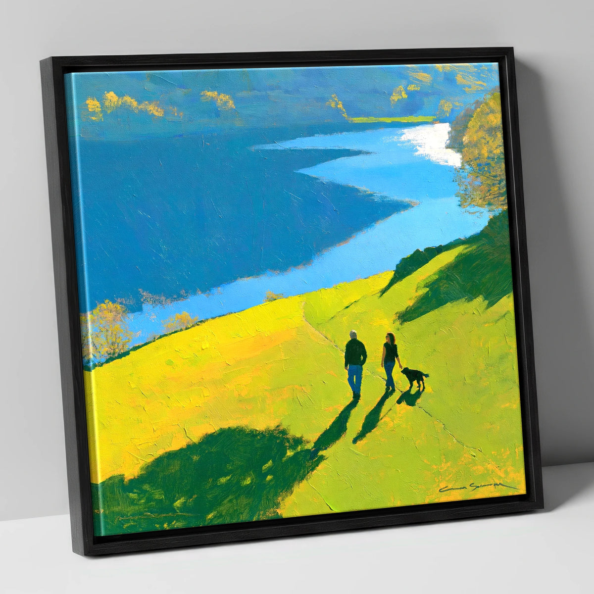 Sunlit Grasmere Dog Walk gifts for dog walkers canvas wall art in black frame
