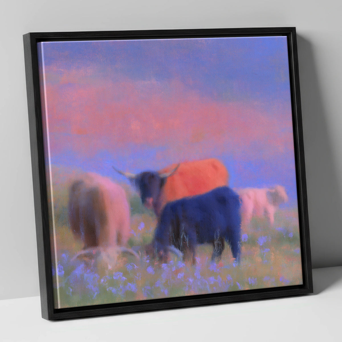 Highland Cattle in Pink Twilight lake district wildlife canvas wall art in black frame