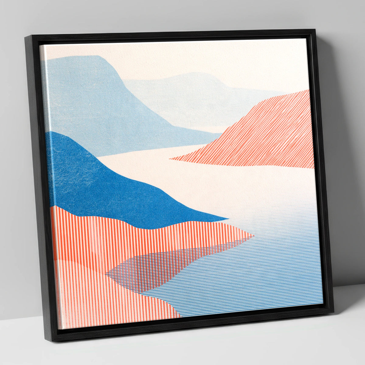 Coniston Water Fells in Coral lake district lake canvas wall art in black frame
