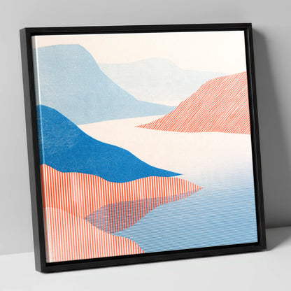 Coniston Water Fells in Coral lake district lake canvas wall art in black frame