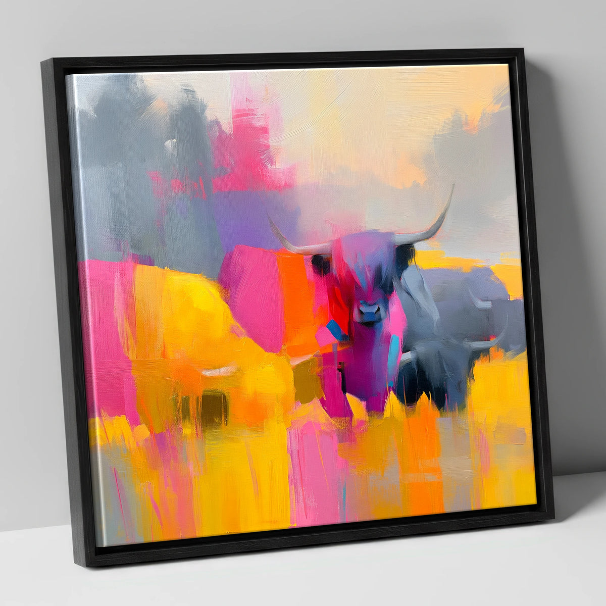Colourful Highland Cattle Portrait lake district wildlife canvas wall art in black frame
