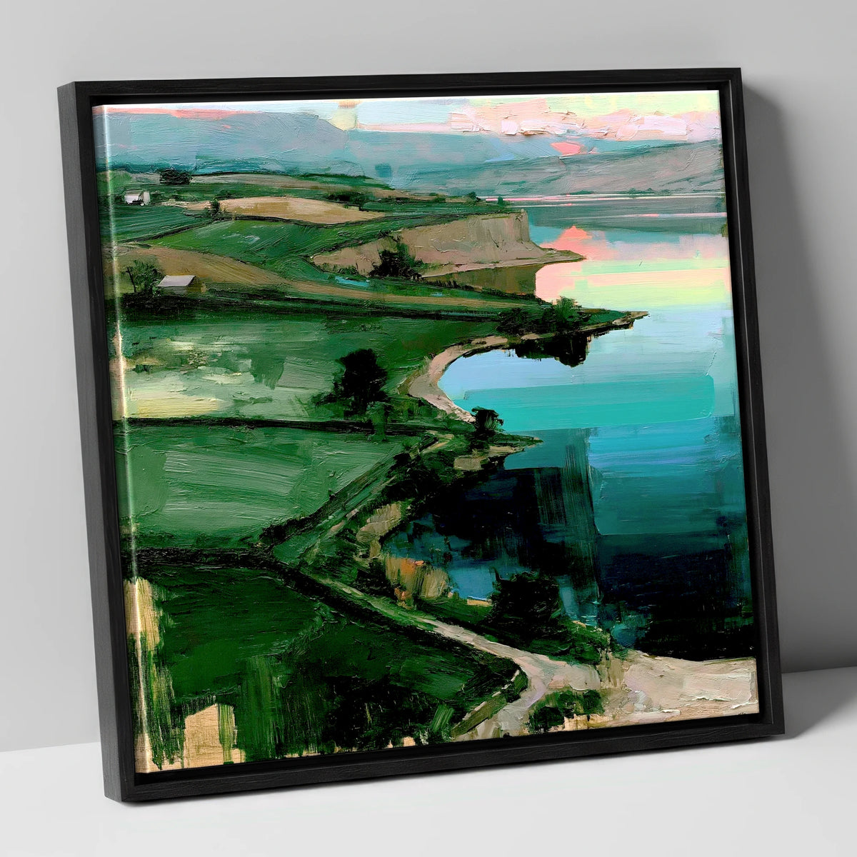 Pink Sky Over Turquoise Lake lake district lake canvas wall art in black frame