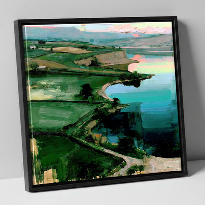 Pink Sky Over Turquoise Lake lake district lake canvas wall art in black frame