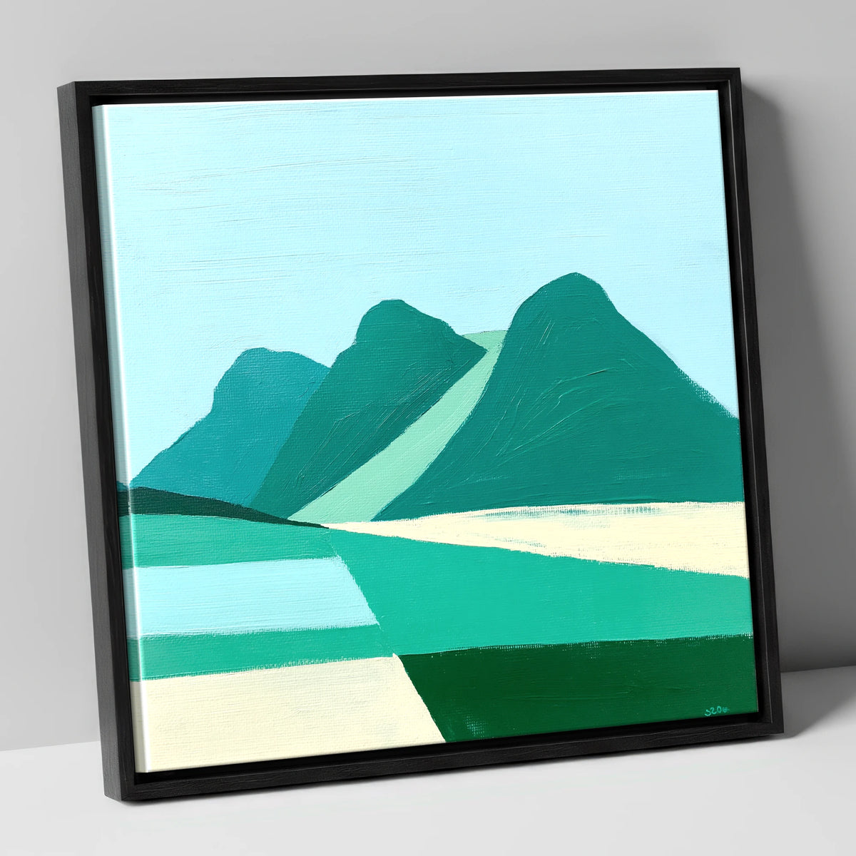 Geometric Langdale Pikes in Teal lake district fell canvas wall art in black frame