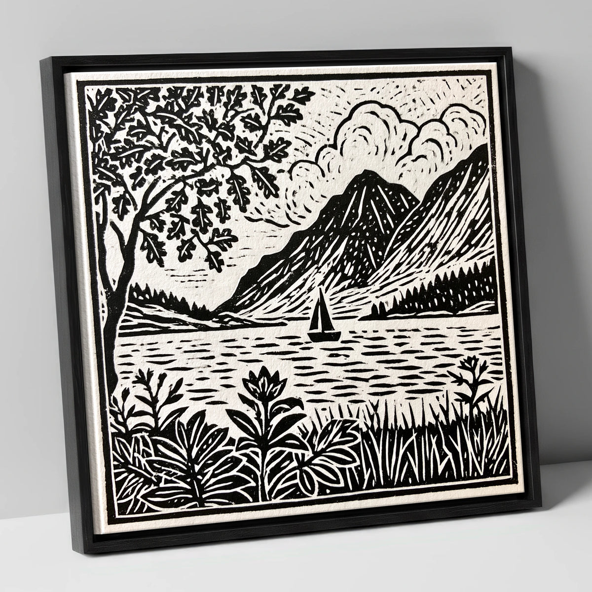 Monochrome Ennerdale Fells and Sailboat lake district valley canvas wall art in black frame