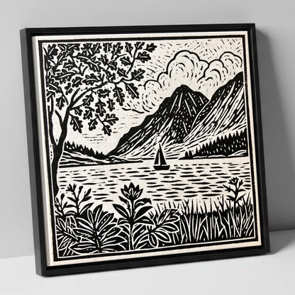 Monochrome Ennerdale Fells and Sailboat lake district valley canvas wall art in black frame