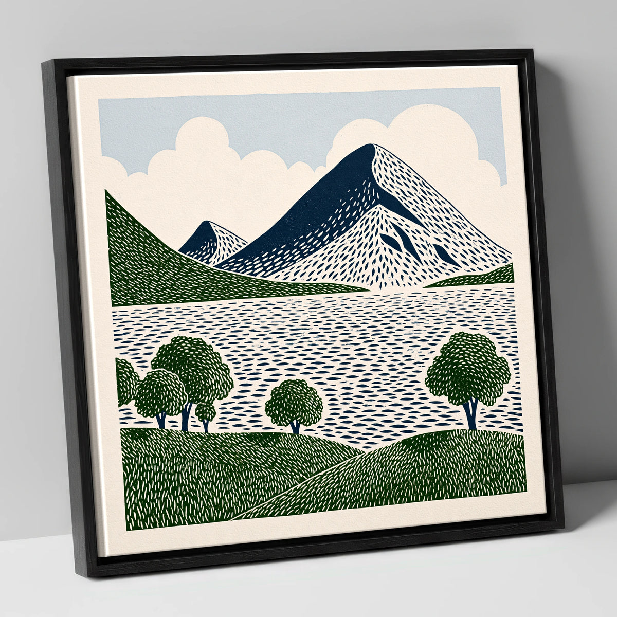 Graphic Fells Above Crummock Water lake district lake canvas wall art in black frame