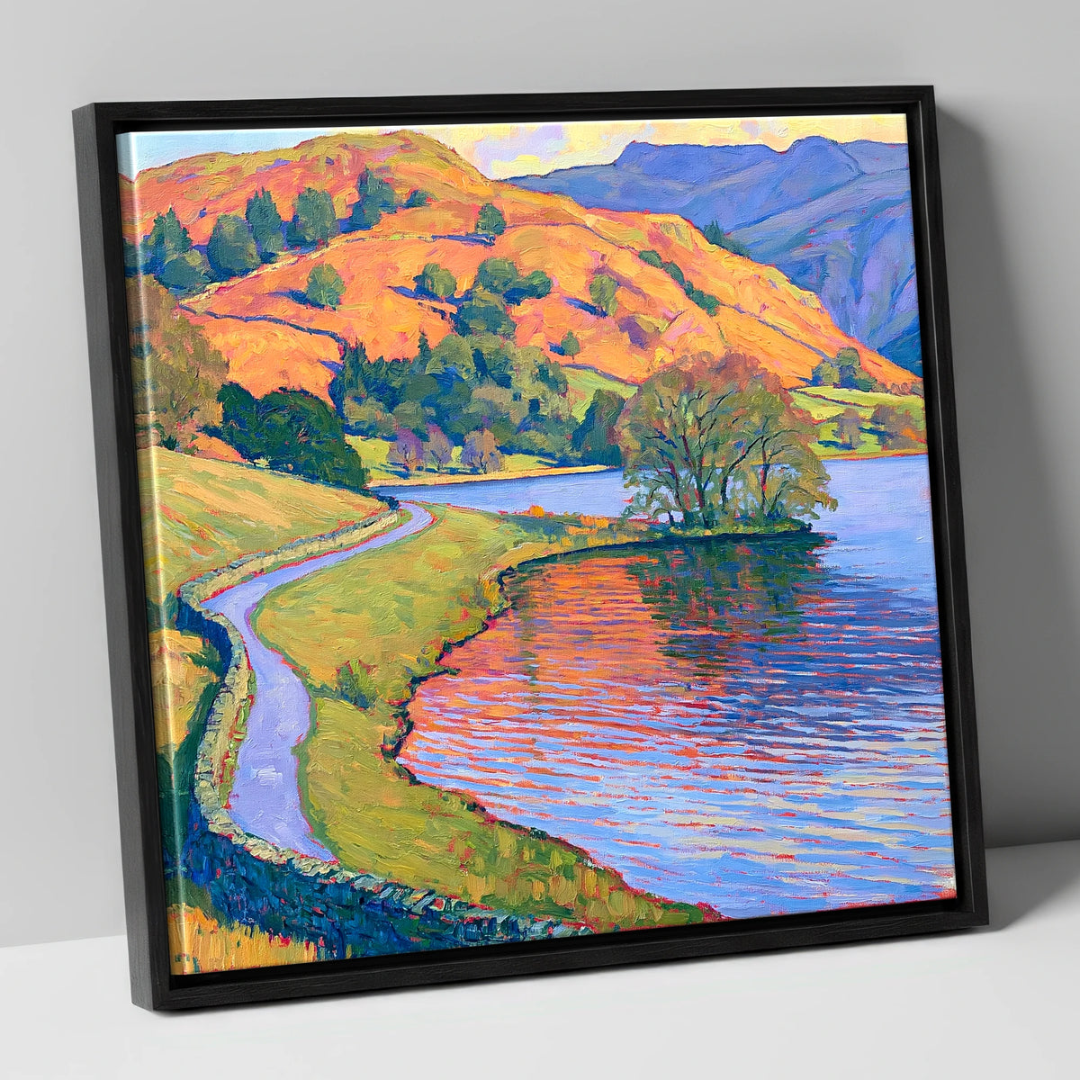 Sunlit Path Beside Rydal Water lake district lake canvas wall art in black frame