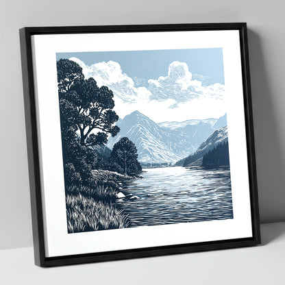 Buttermere in Slate and Navy lake district lake canvas wall art in black frame