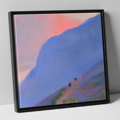 Walkers Ascending the Twilight Fell lake district walking canvas wall art in black frame