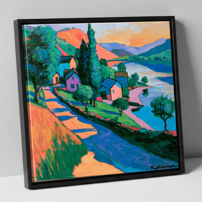 Vibrant Lakeside Village at Sunset lake district village canvas wall art in black frame