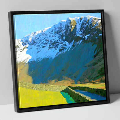 Vibrant Base Brown Snowy Ridge lake district fell canvas wall art in black frame